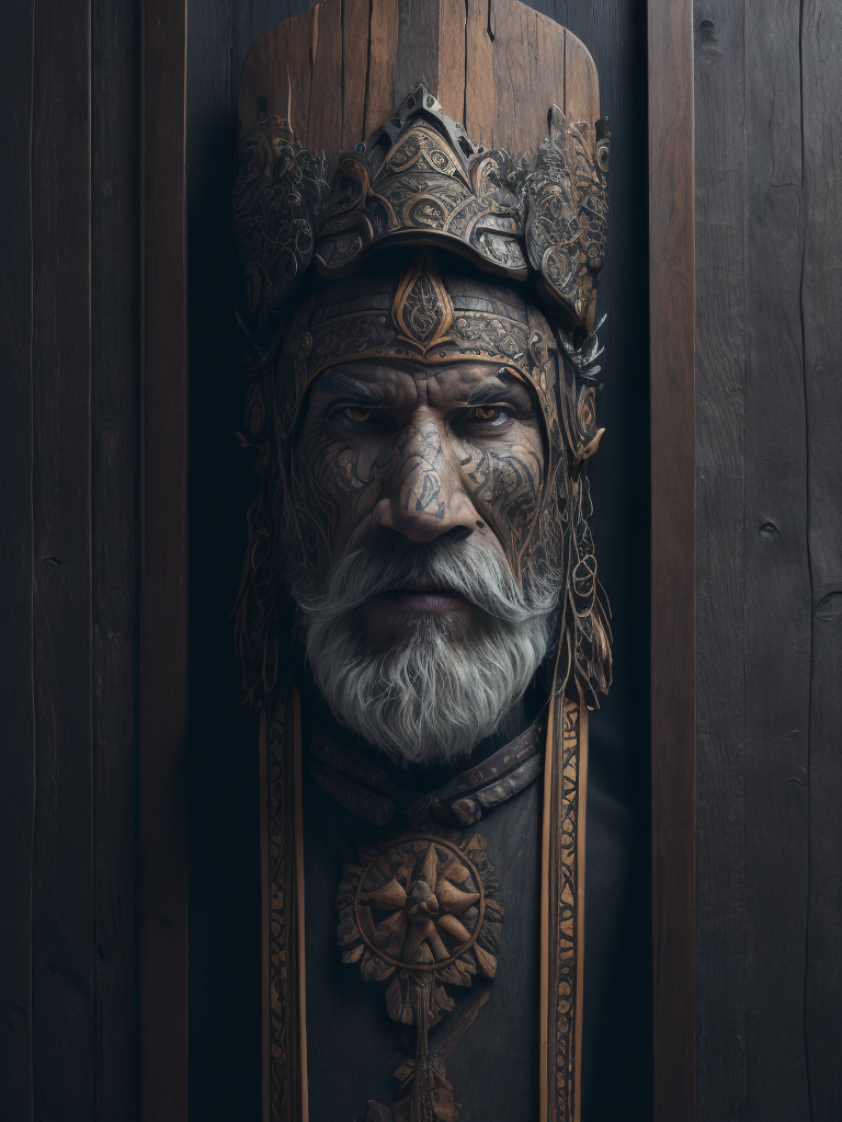 a wooden viking totem