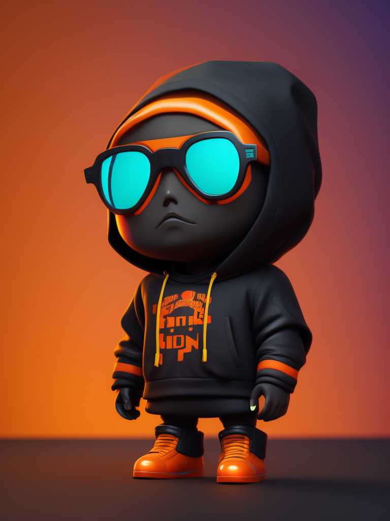 AI bot typing laptop, a cute AI bot wearing black hoodie and glasses, orange color, funko pop, vibrant gradient background,