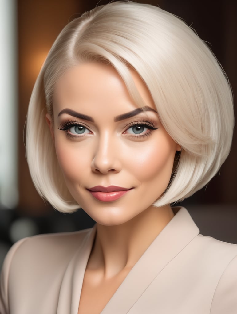 a portrait of a beautiful stylish 40s yo woman looking like elsa jean with blonde platinum bob cut hair, secretary, high heels, mini dress