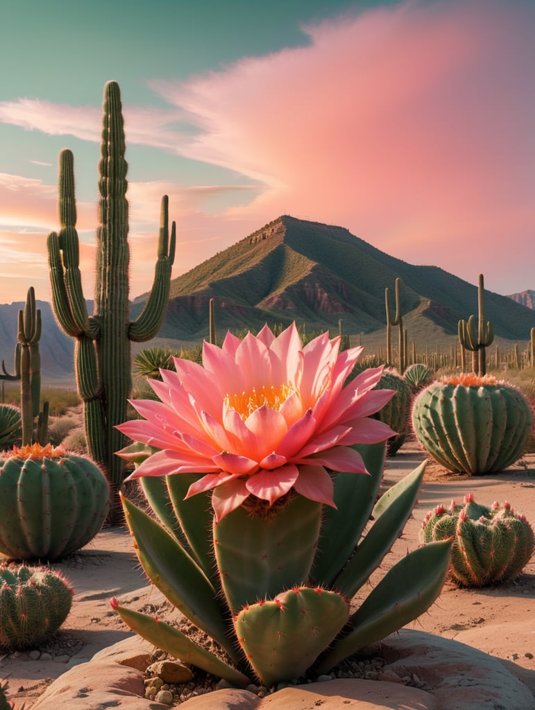 pink cactus in a green desert with an orange sky in the background, retro movie poster, highly detailed, 8k