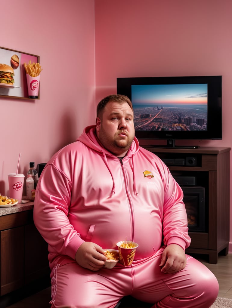 A very fat man in a tracksuit eats fast food and watches TV, the room is a mess, the room is painted pink