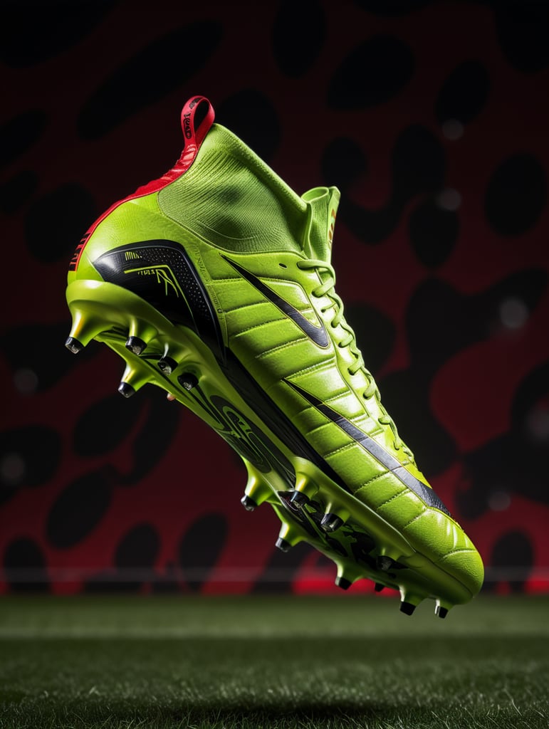 Completely black football boots and a red background