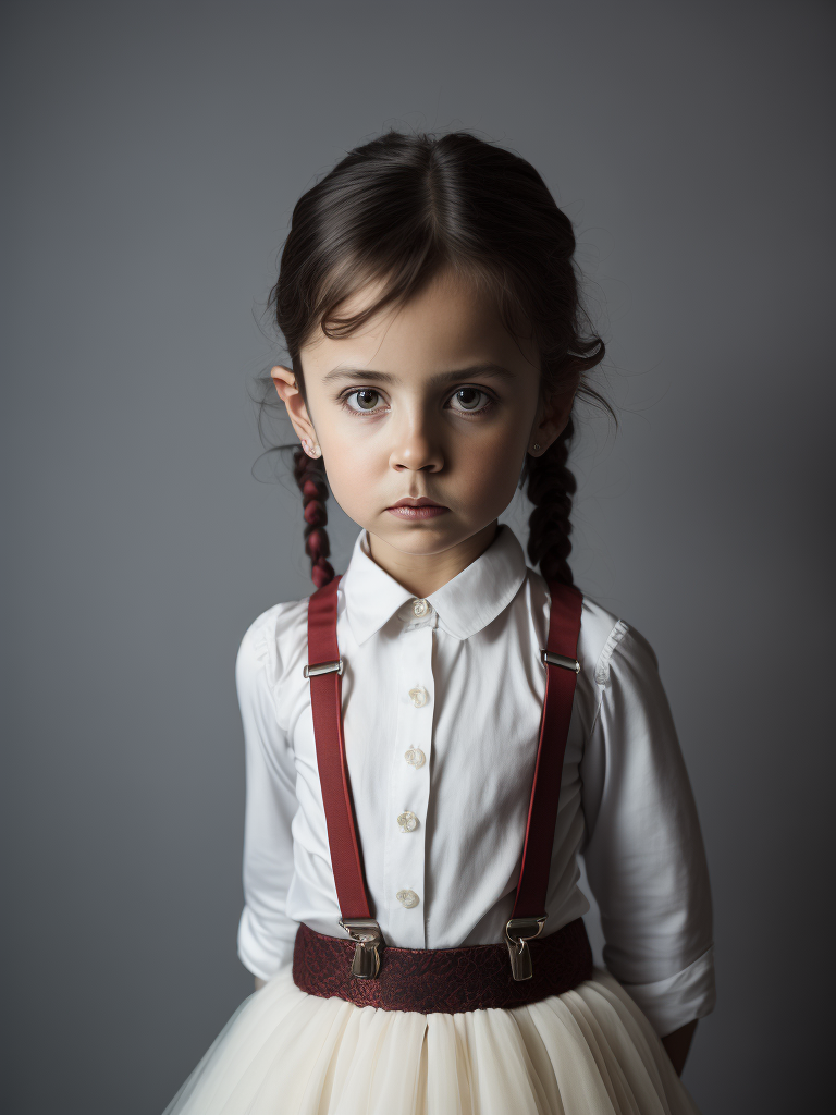 (((pretty, sad 5 year old girl))) from Bulgaria dressed in a (((typical Bulgarian wedding dress with white colored shirt and skirt with dark red suspenders))), (photorealistic: 1.4, realistic), 8k unified CG backgrounds very detailed, 1 child, looking at the viewer, (HQ skin:1.4), 8k uhd, dslr, soft lighting, high quality, film grain, Fujifilm XT3, ((plain and neutral background)). sky blue