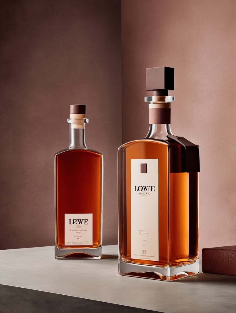 Diseño para botella de whiskey lujosa muy alta inspirado en Luis barragan con texturas de colores sutiles en un set design fotográfico comercial como para la marca Loewe