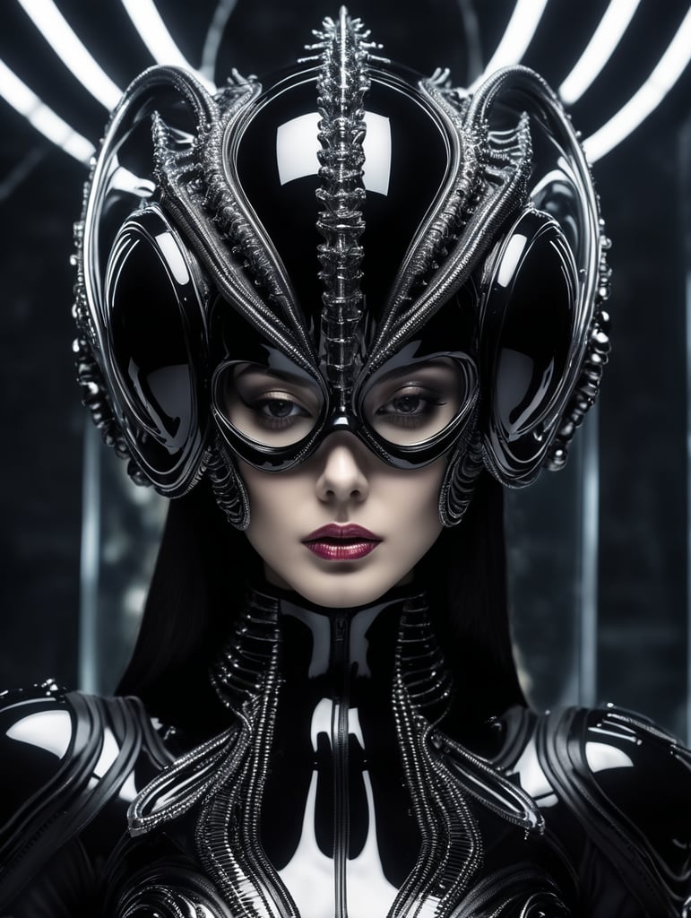 h.r. giger prometheus albine model octoupus skin queen with crown futuristic glass black suit elegant scene futuristic glass design glass melting mask traslucent half mask glass vr and helmet fashion photography, sharp, small spheres floating background, editorial photography