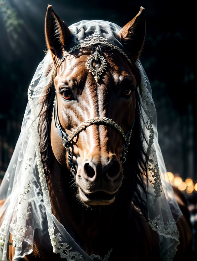 portrait of a happy horse with a wedding veil