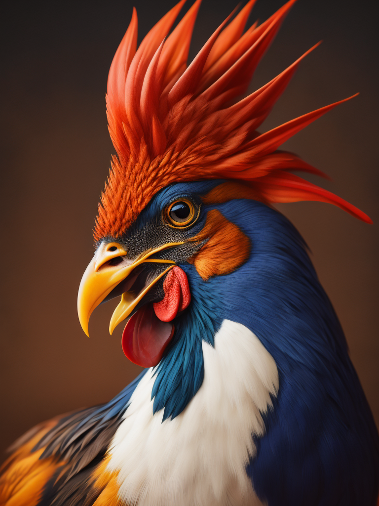 Detailed profile portrait of a rooster, Depth of field, Incredibly high detail, gradient background, Vibrant colors, Depth of field, Incredibly high detail