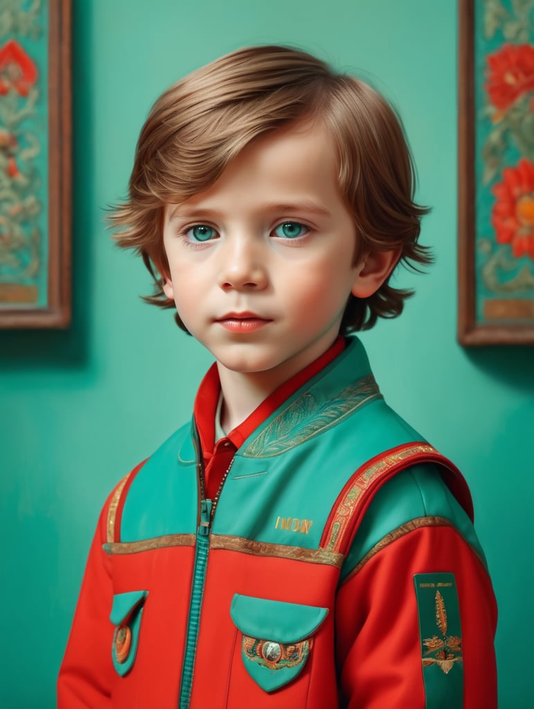 Portrait of child, half lenght, Wes Anderson style, Incredibly high detail, Bright colors, turquoise green and red colors,