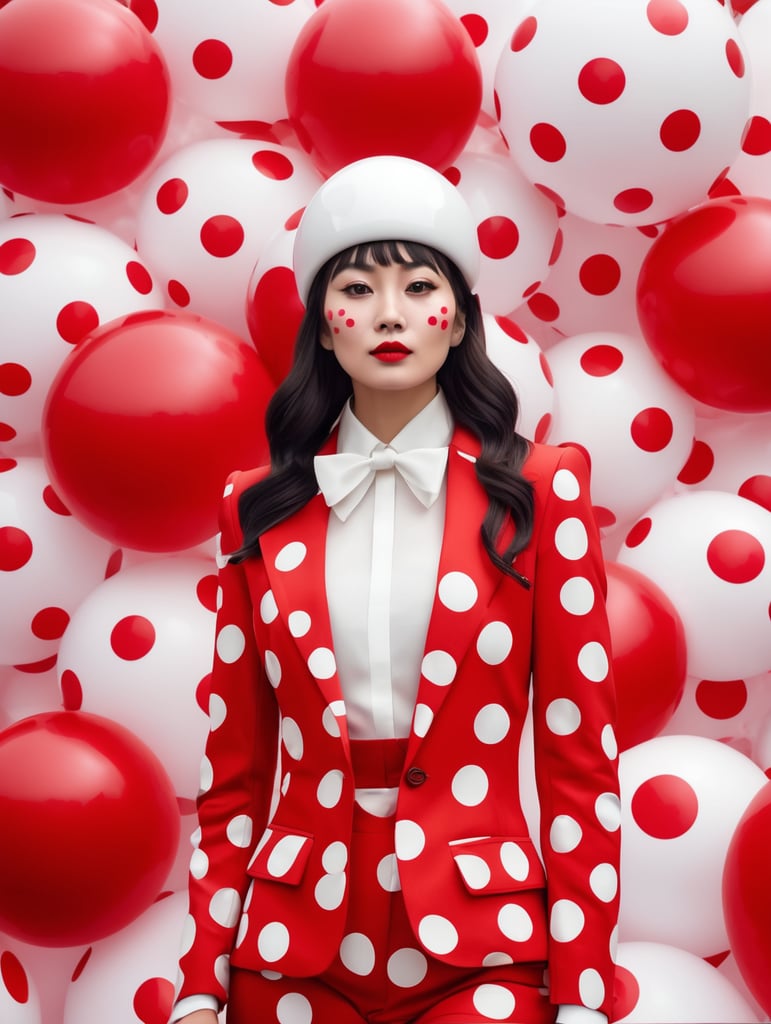 A woman of Asian appearance is dressed in a red suit with white large polka dots, a red hat with white large polka dots, red lipstick, a pale white face, against the background of large red abstract inflatable balloons, an image in the style of Yayoi Kusama