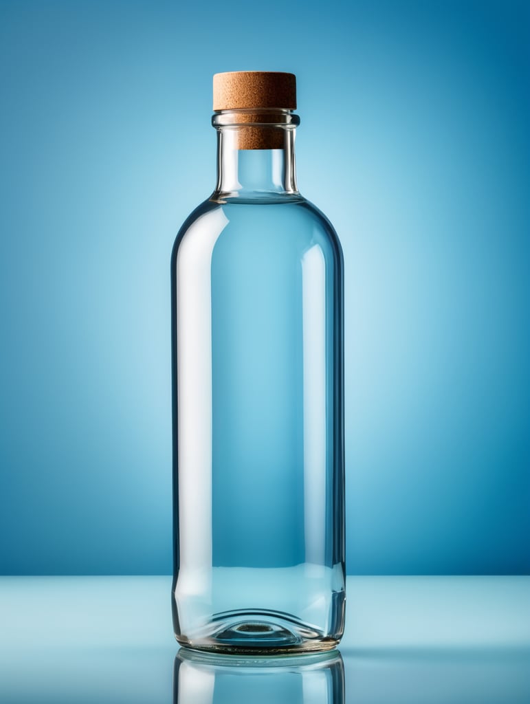 a transparent Glass Bottle, Empty, Clean, Clear, isolated, blue background