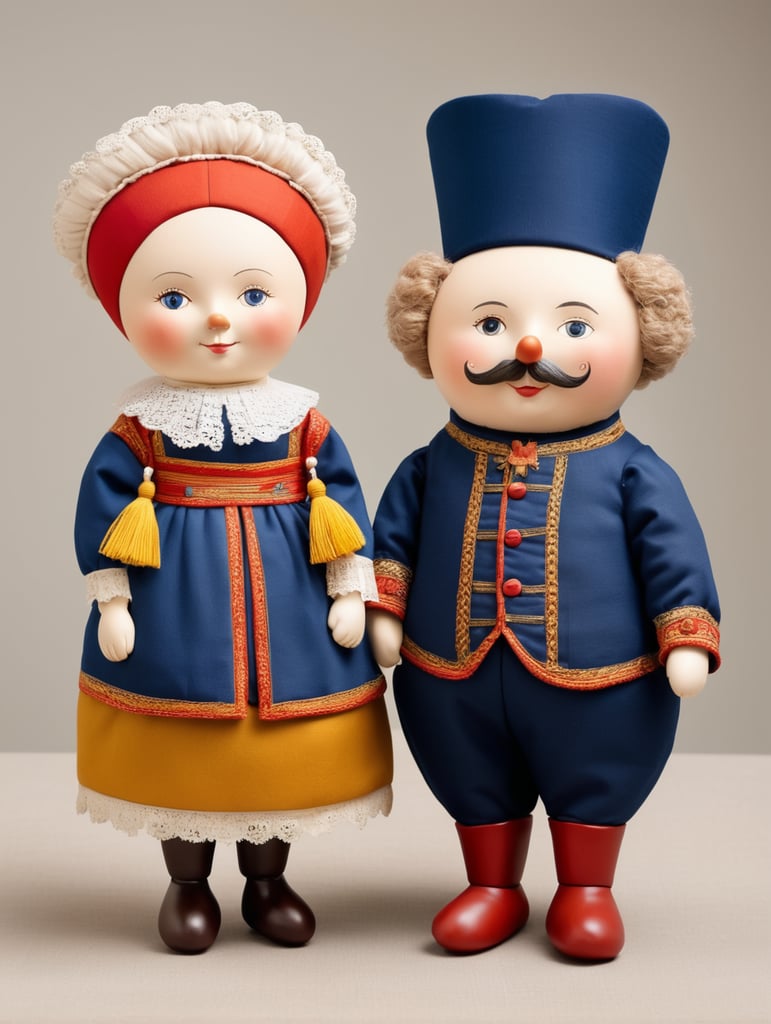 A pair of anthropomorphic dolls in the style of Dutch tradition, soft sculpture, historical subjects, Danish design, folklore theme, colorful caricature