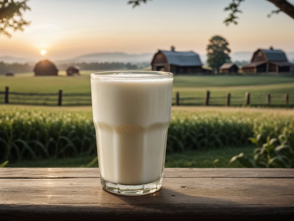 A mockup of a glass of milk, early morning, farm blurred background