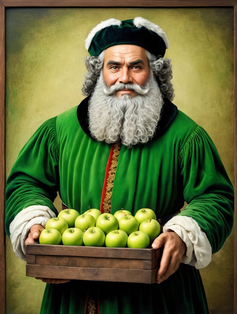 Portrait of an Italian Santa Claus in 17th century clothing holding a box of ripe apples. The apples have the right texture and green color. The box is made of dark wood with a beautiful texture.