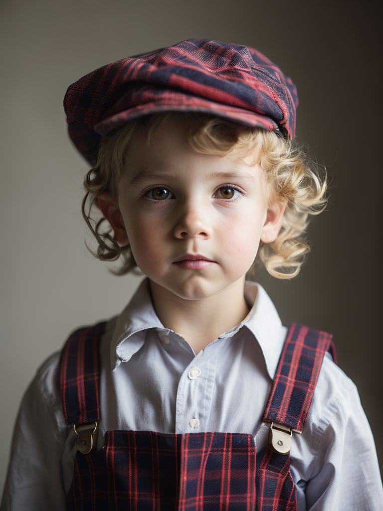 Young boy wearing a newsboys flat cap, curly blonde hair, deep amber eyes, overalls, red and white plaid button up shirt, hyper realistic, photorealism,