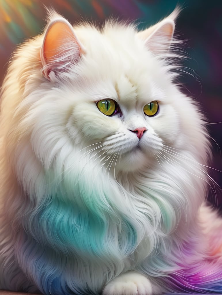 Fractal style. Colorful Persian cat with a fluffy tail. Intricate details, highly detailed, digital painting, stunning textures, iridescent and luminescent scale, breathtaking beauty, iridescent and luminescent scale, abstract motifs