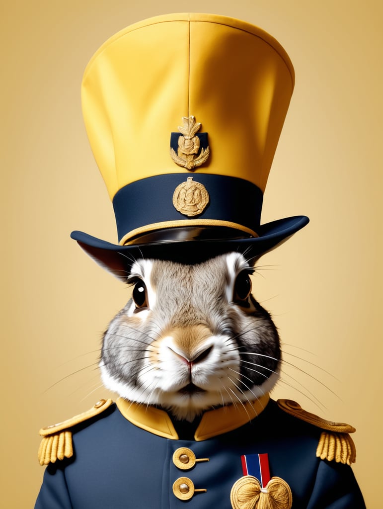 Portrait of a rabbit in a hat and uniform, made in a realistic style on a uniform yellow background