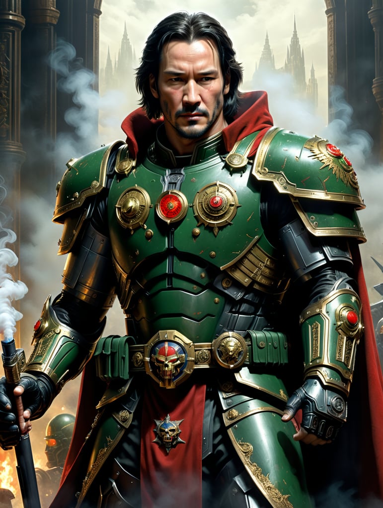 Young Keanu reeves from the 2005 Constantine Movie, but embedded in the Warhammer 40K universe, In a cool calm pose, Standing and smoking a cigarette, bolter gun strapped to his left leg. He is wearing Imperial Ecclesial robes and armor beneath them.