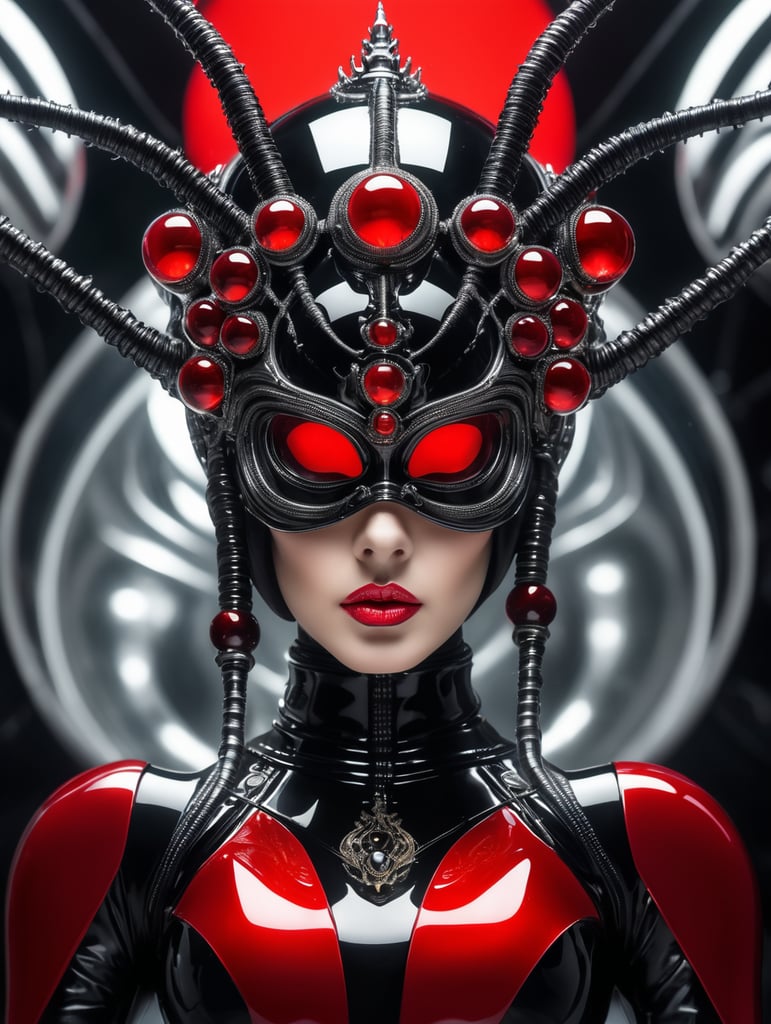 h.r. giger humanoid octoupus king-queen with crown futuristic glass black red suit elegant scene futuristic glass design glass melting mask spider tiny eyes in crown mask -traslucent half mask glass vr and helmet fashion photography, sharp, small spheres floating background, editorial photography art sphere, floating, levitating, modern art, editorial photo, fashion photography, transparent fluids