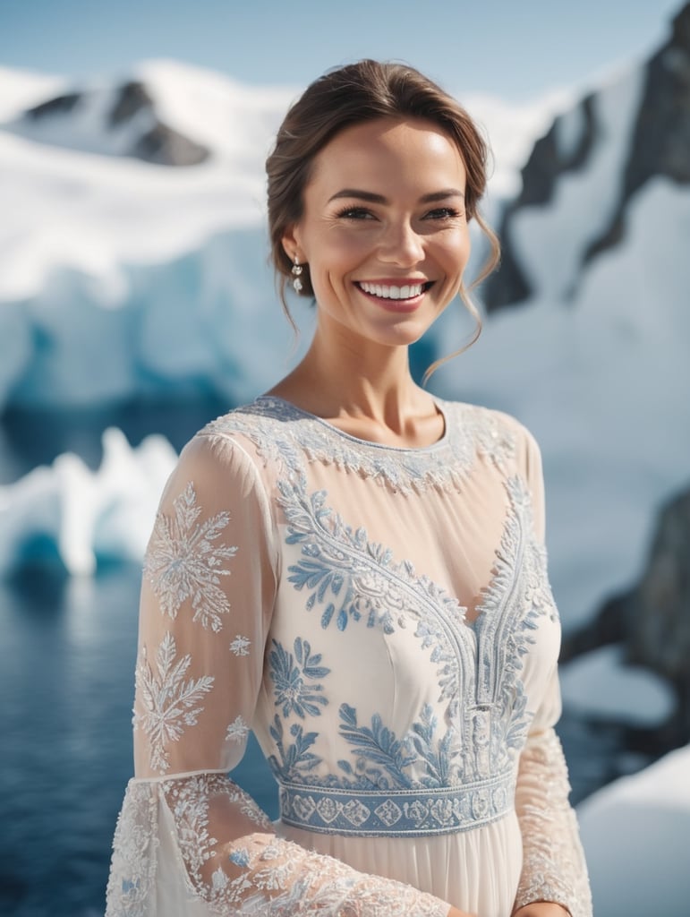 A cute woman smiling at the camera, wearing a stunning embroidered dress in antarctica, cinematic, film grain