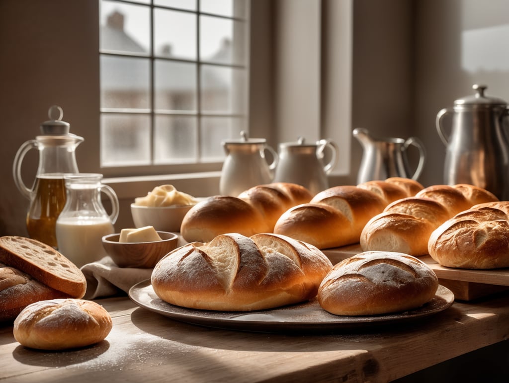 chief baker, yeast on table, bread, lighting from window, advertising, photography