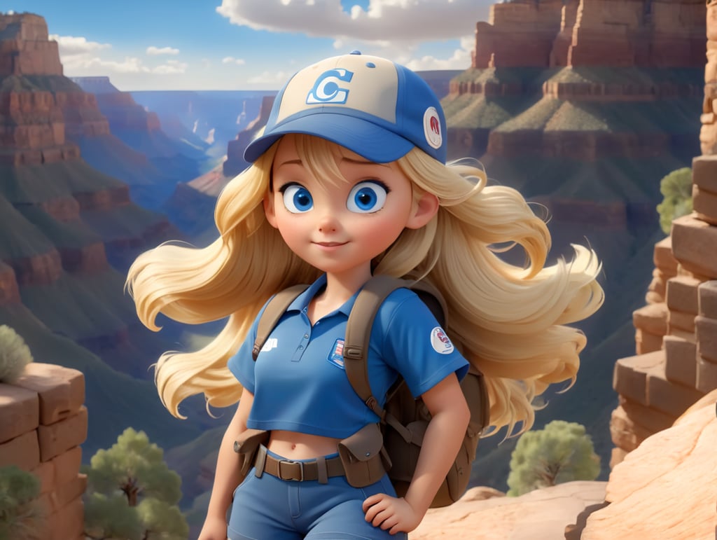 A cute teen age girl with blue eye, a baseball hat and blonde hair hikes in the grand canyon with a fanny pack