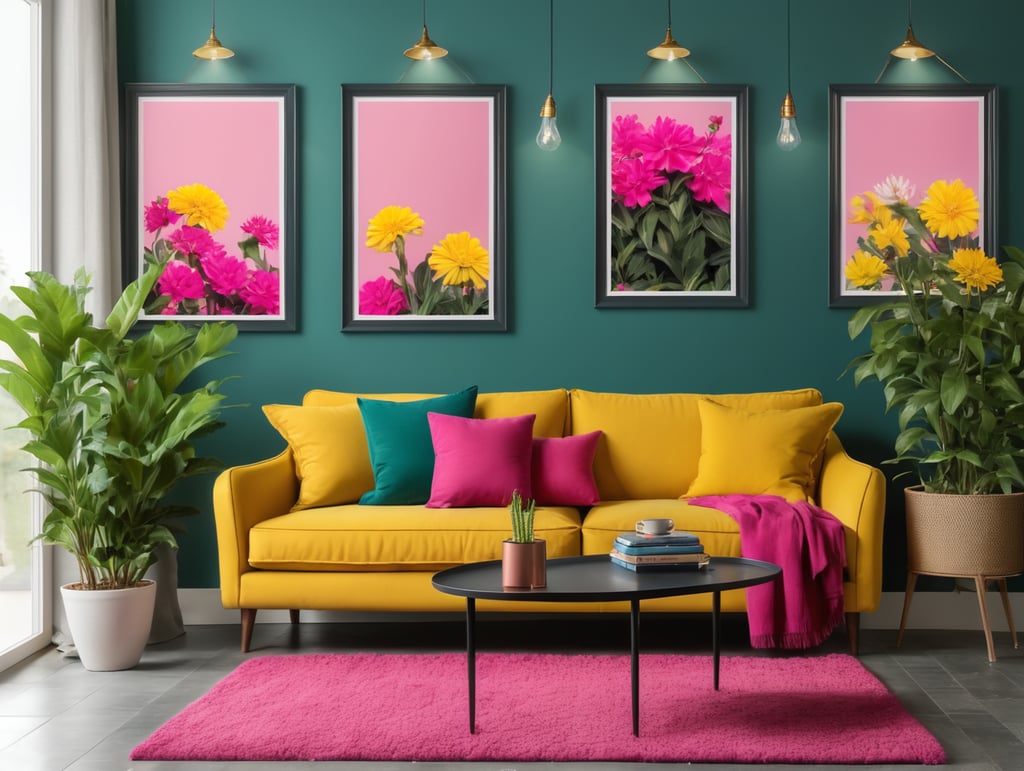 Mockup for two frames of 24x36 in. posters, hanging on a wall painted dark teal color, in a french modern country style livingroom, hot pink sofa and yellow pillows, many plants and flowers, bright livingroom