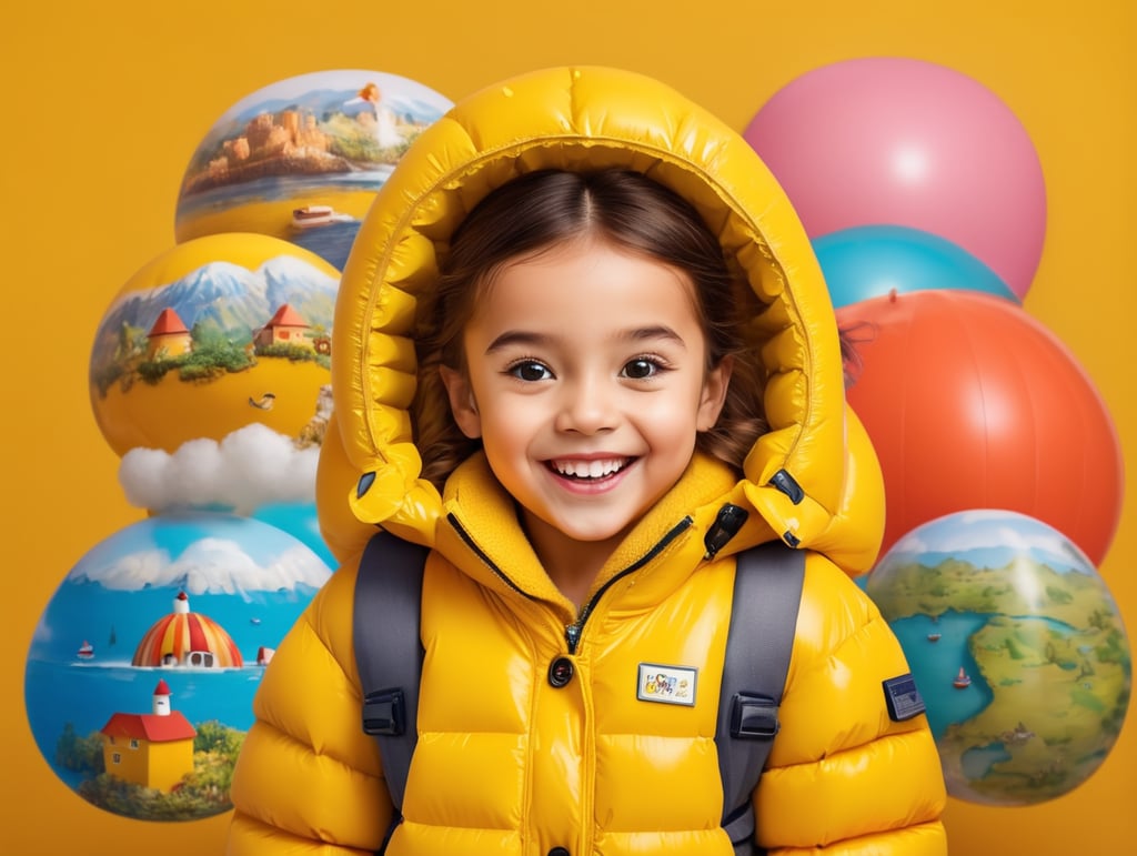 photo happy little girl going to travel, cute girl, dressed yellow inflatable puffer jacket, yellow background, harpers bizarre, cover, headshot, hyper realistic, vibrant colors