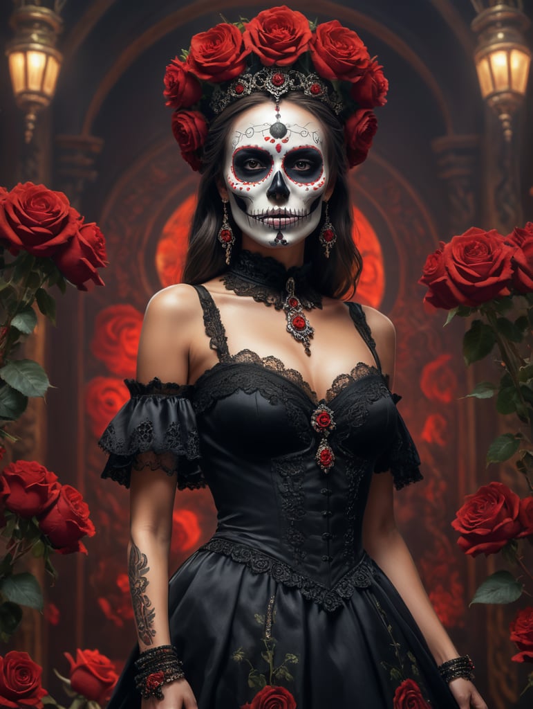 face adorned with Catrina skull makeup,dress hem,long closed,black color,Red roses, epic royal background, big royal outcropped crown, royal jewelry, robotic, nature, full shot, symmetrical, Greg Outskirt, Charlie Bo water, Beep, Unreal 5, hyper realistic, dynamic lighting, fantasy art