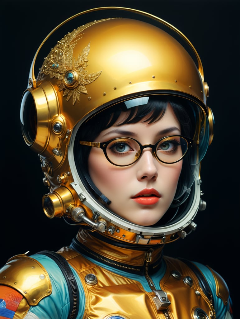 In 1998, abstract fashion photography captured a 1960s astronaut woman in a gold spacesuit with a large helmet and glasses. The art, created by Victor Moscoso and Bridget Riley, used Kodak Ektar 100 film. Carne Griffiths added a touch of magic with fluid art, while artists like Conrad Roset, Ilya Kuvshinov, Mark Fielding, and Zwy Studio emphasized high lights in the eyes. Sergio Lopez and Natalie Shau also contributed to the artwork.