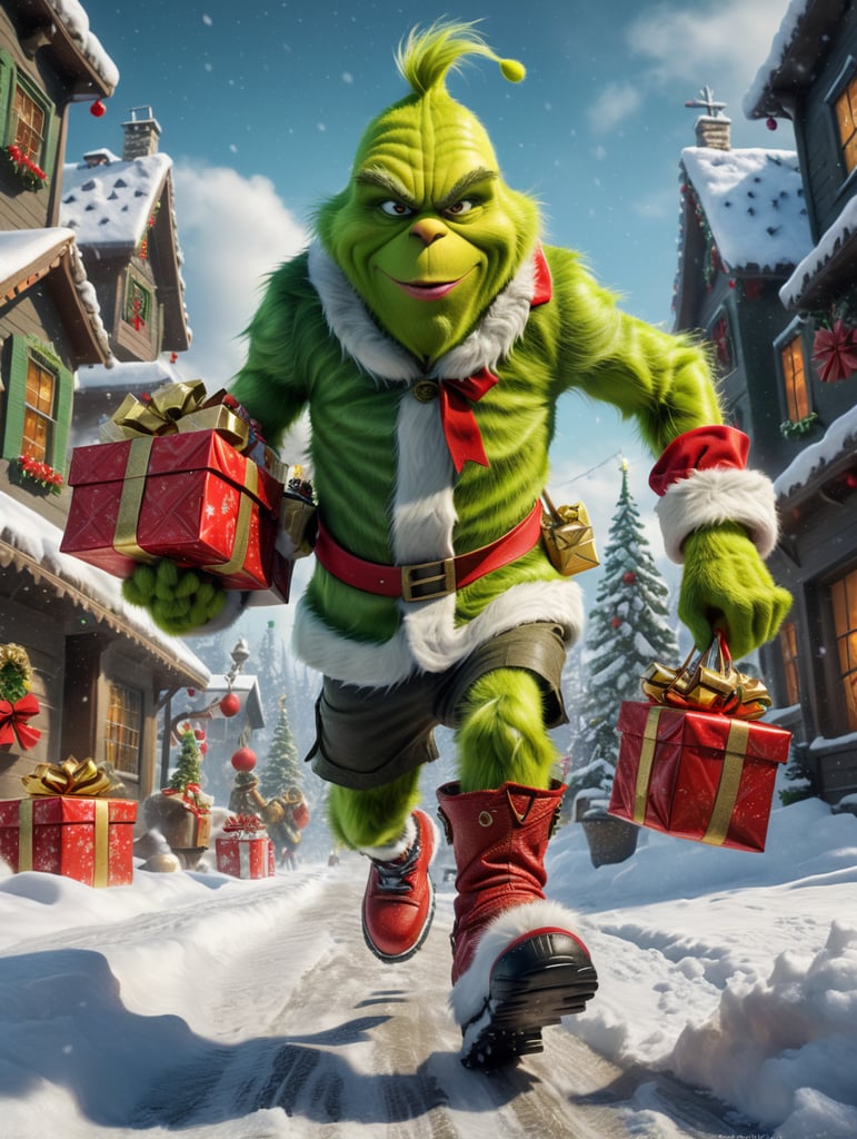 Grinch character running with money and Christmas gifts in snow boots