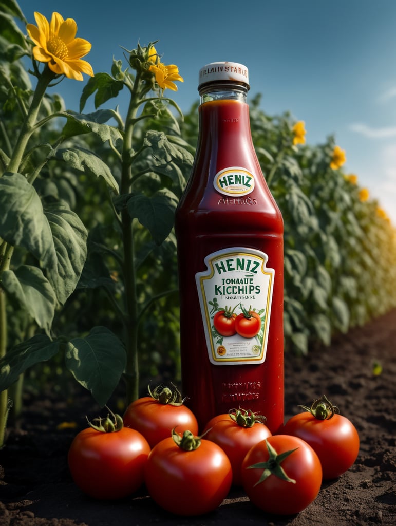 several red tomatoes stacked together forming a Heinz ketchup bottle with some leaves around it, beautiful tomato plantation in the background and a blue sky, short grass and yellow flower + yellow flowers + creamy light + ambient lighting + very beautiful colors