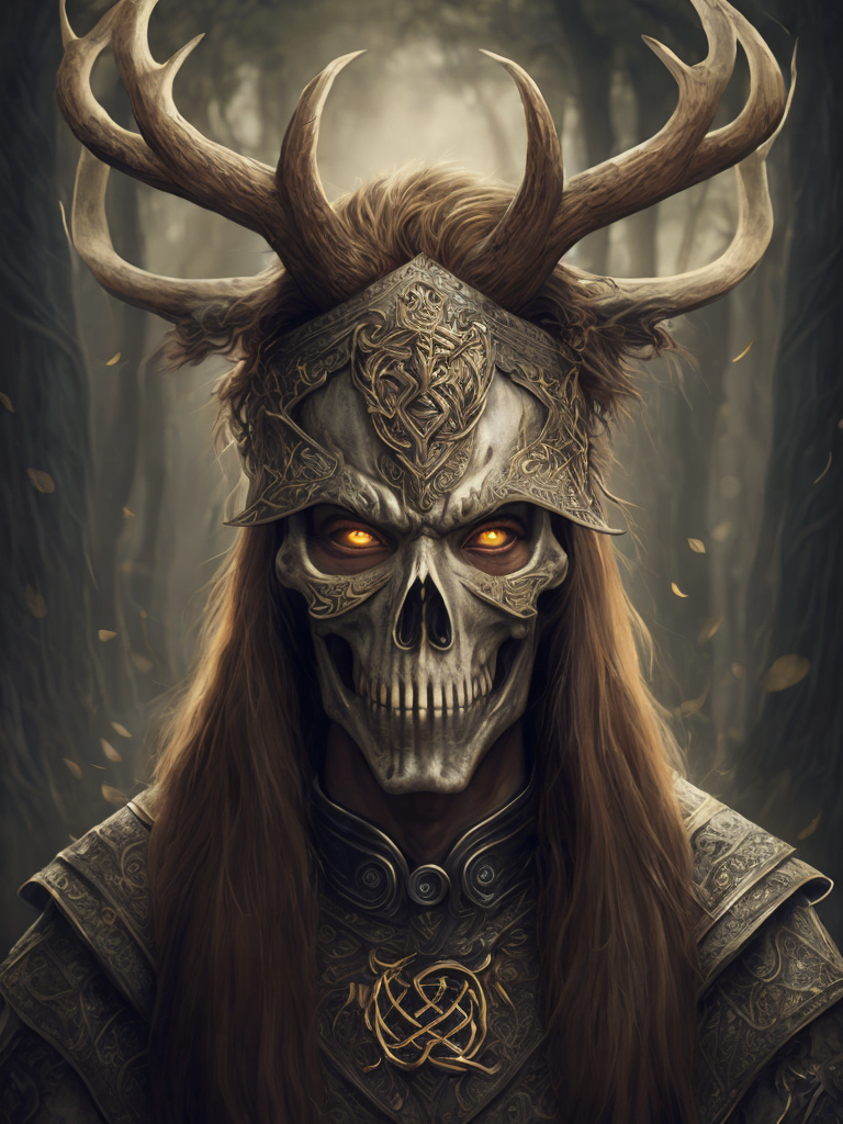 portrait of a Celtic pagan druid wearing a stag skull mask, rune symbols, fantasy concept art, highly detailed