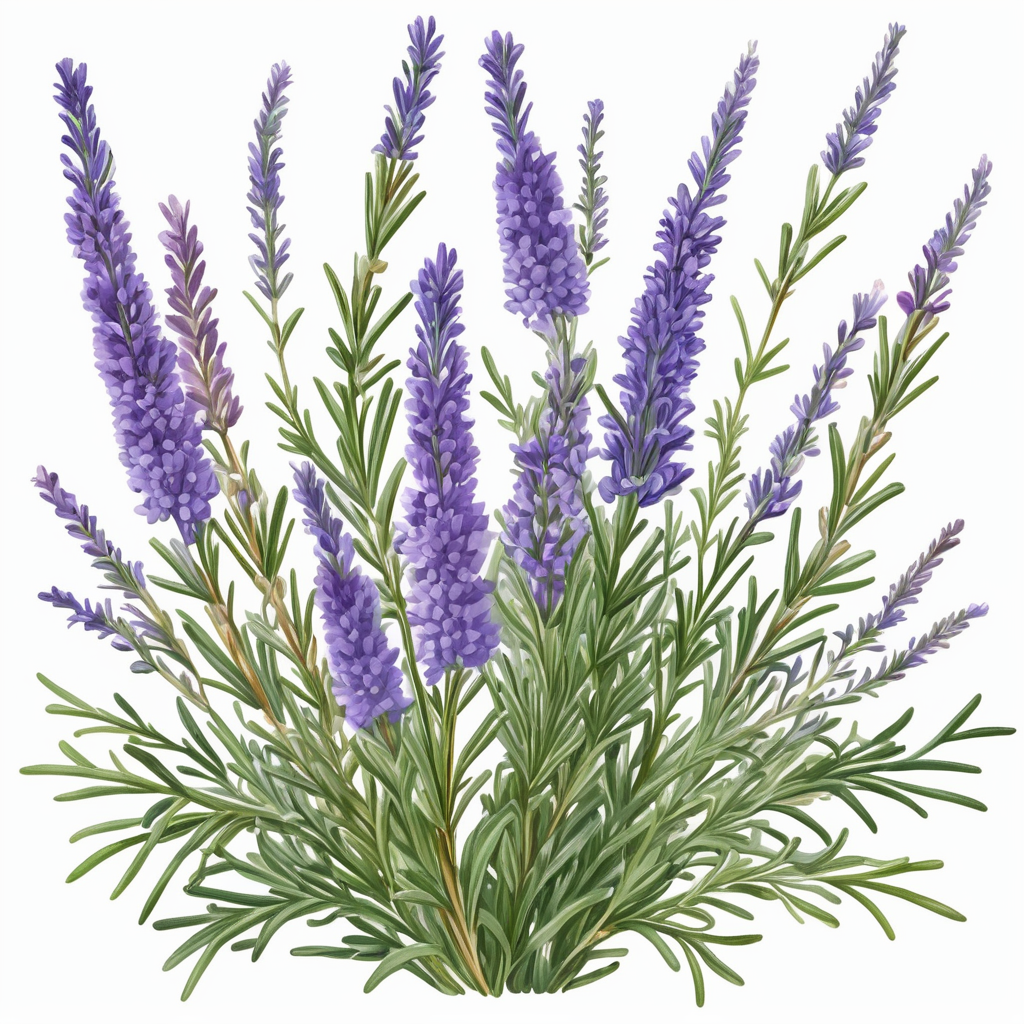 Generate a design featuring the delicate pairing of rosemary and lavender with intertwined floral elements, creating a harmonious and aromatic composition, , on full White background, Elegant, Botanical, Bright, Blooming, Decorative, Colorful, Gorgeous, Attractive, Delightful, professional artistic, masterpiece