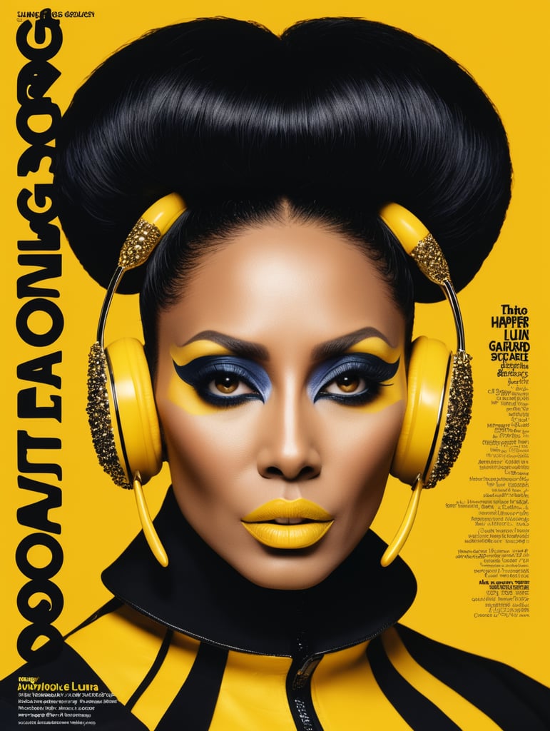 Donyale luna, avant-garde, simplygo, photoshoot spread, dressed in all yellow, black background, harpers bizarre, cover, headshot, hyper realistic