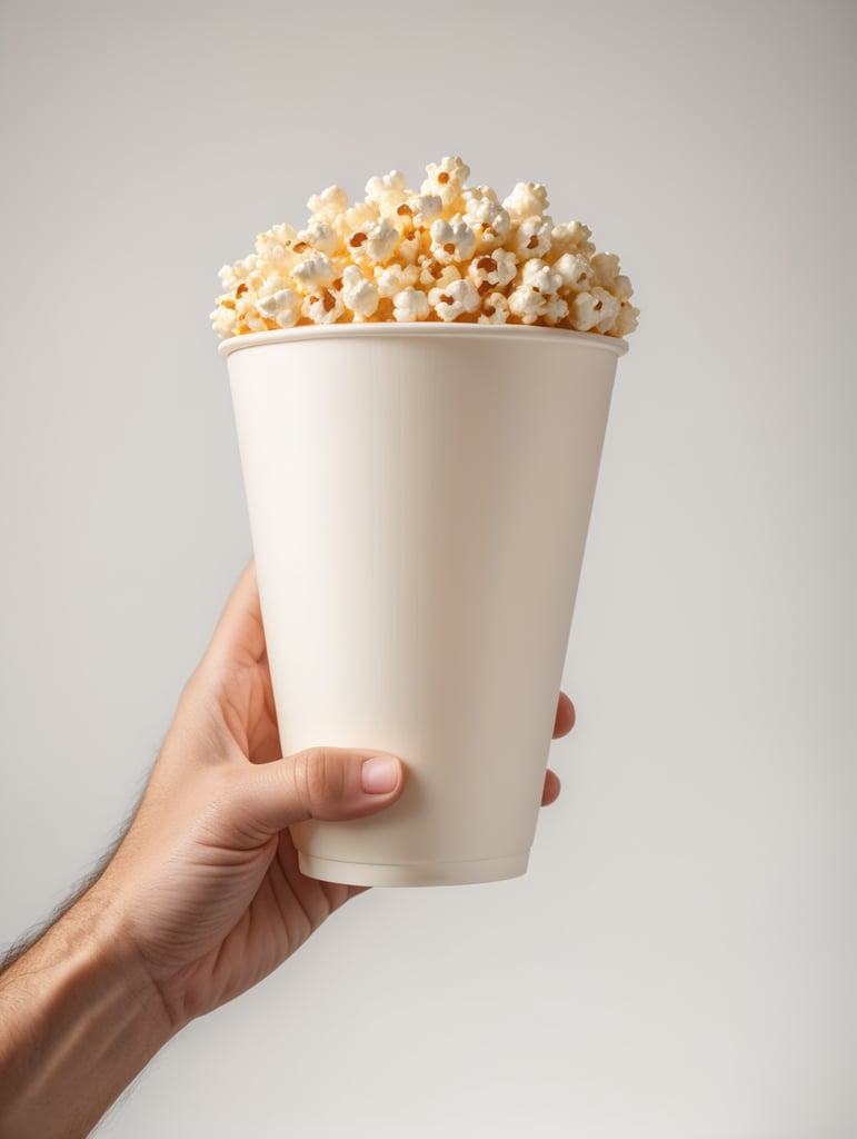 A cartoon hand is holding a popcorn cup, cartoon, 3d render, soft light, white background