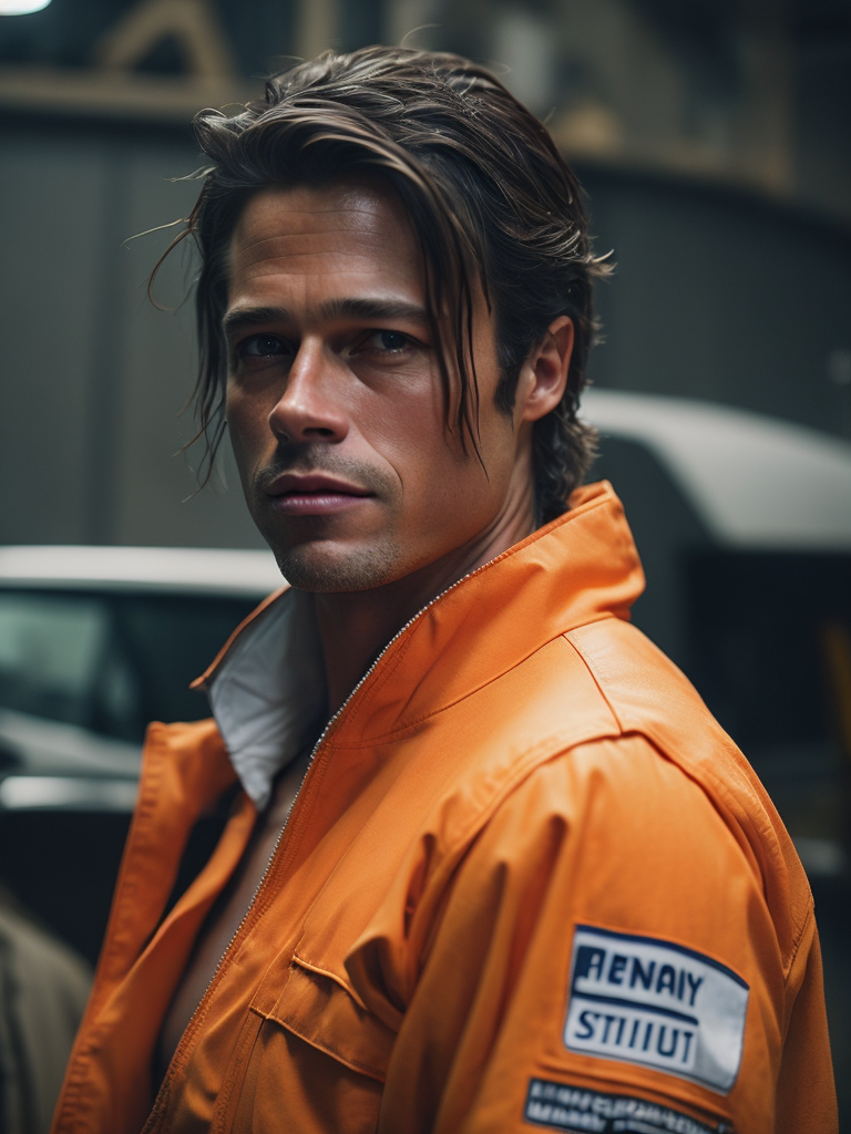 portrait of Brad Pitt as oil worker, wearing a white plastic helmet and orange robe