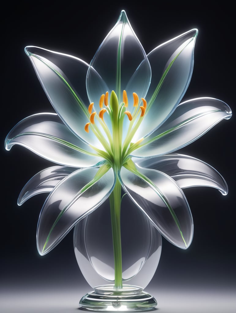 dreamscape a fully transparent Majestic glass lily flower, award winning, concept design, polycarbonate, visible quantum...