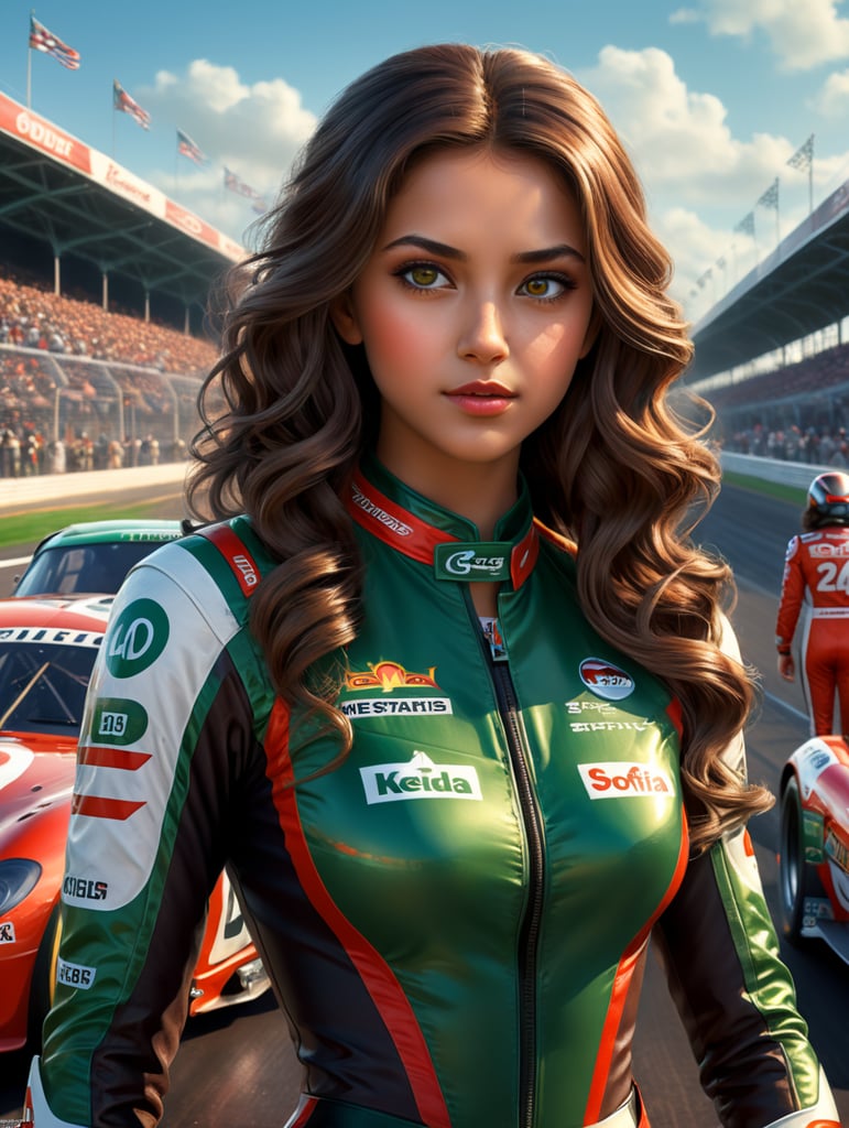 A beautiful girl in the style of Pixar, with 3D animated characters. The title is \'Sofia\' and shows a girl with long curly dark brown hair, brown eyes, dark Green White and Red Racing Suit, 1 Car Background, Speedway, F1, poster