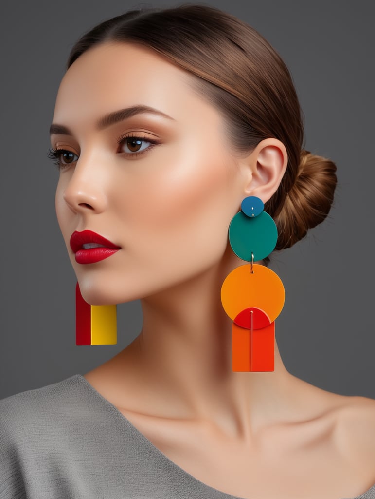 Aretes minimalistas de colores vibrantes con materiales ACRÍLICOS y concreto inspirados en la arquitectura de Luis Barragán colocados sobre una mujer de bello rostro y un fondo color gris obscuro.