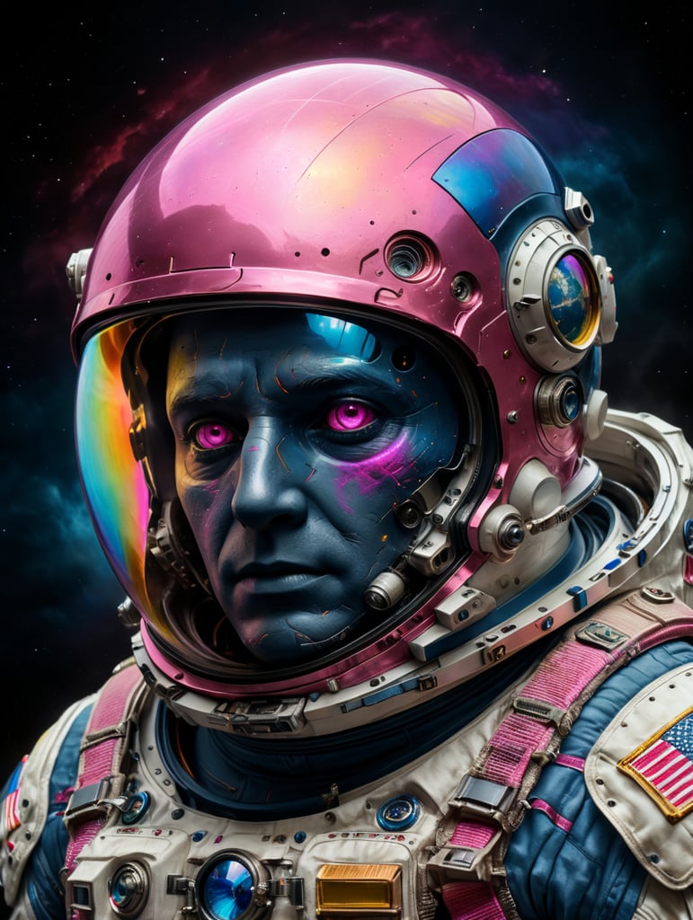 movie still, photo of an astronaut with no face, Rainbow asteroid, light indigo, neon pink and dark beige, muted tones, gentle expresion neon eyes