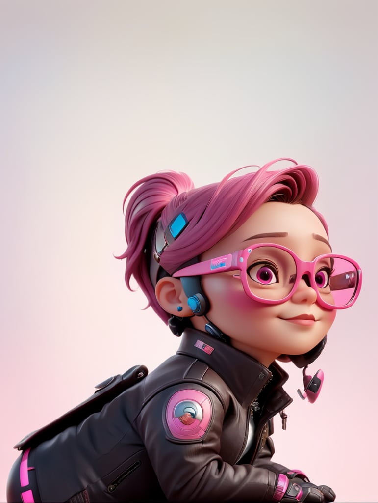 cyborg android, dressed in pink glasses and a leather jacket