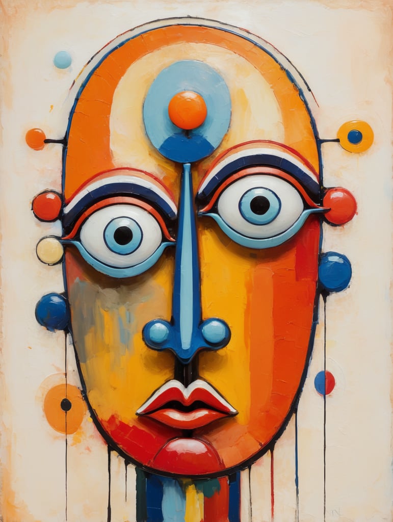 Kandinsky style. Abstract expressionism oil painting. 2D image of whimsical totem head with oval head, narrow eyes, high nose and thick lips. Orange Red Blue Yellow is dominant colors, backdrop is divided in big different size pastel colors, textured strokes paint dripping and splashes intuitive, dramatic contrasts between main image and background, minimalist.