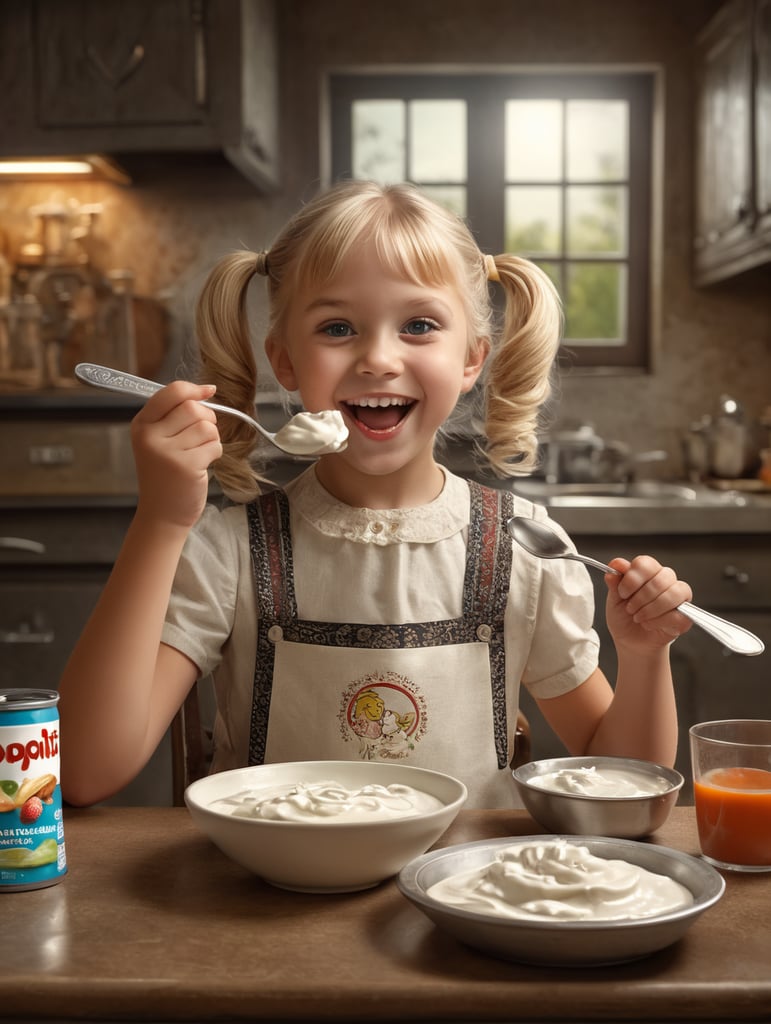 Happy cute 8 year old blonde girl with 2 pigtails eating a yoplait yogurt with a spoon at a table in an 1970s style kitchen