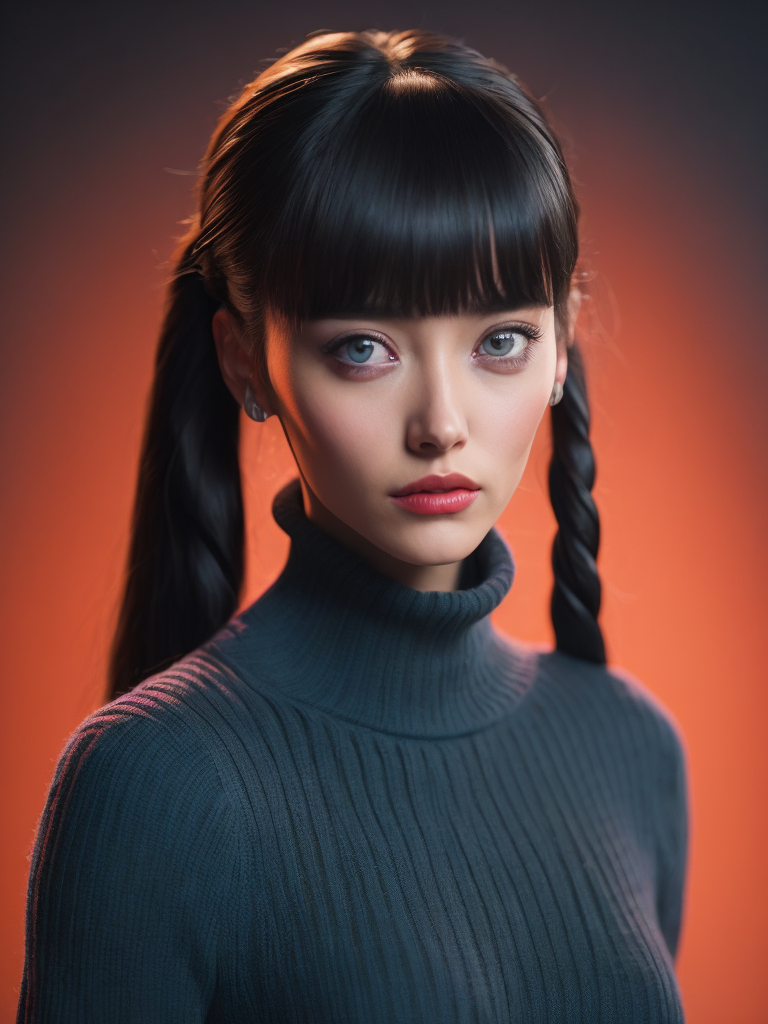 1girl, tohsaka rin, solo, long hair, sweater, red sweater, looking at viewer, blue background, black hair, simple background, two side up, turtleneck, blue eyes, lips, closed mouth, ribbon, hair ribbon, bangs, turtleneck sweater, upper body, parted bangs, black ribbon, ribbed sweater, twintails, nose,