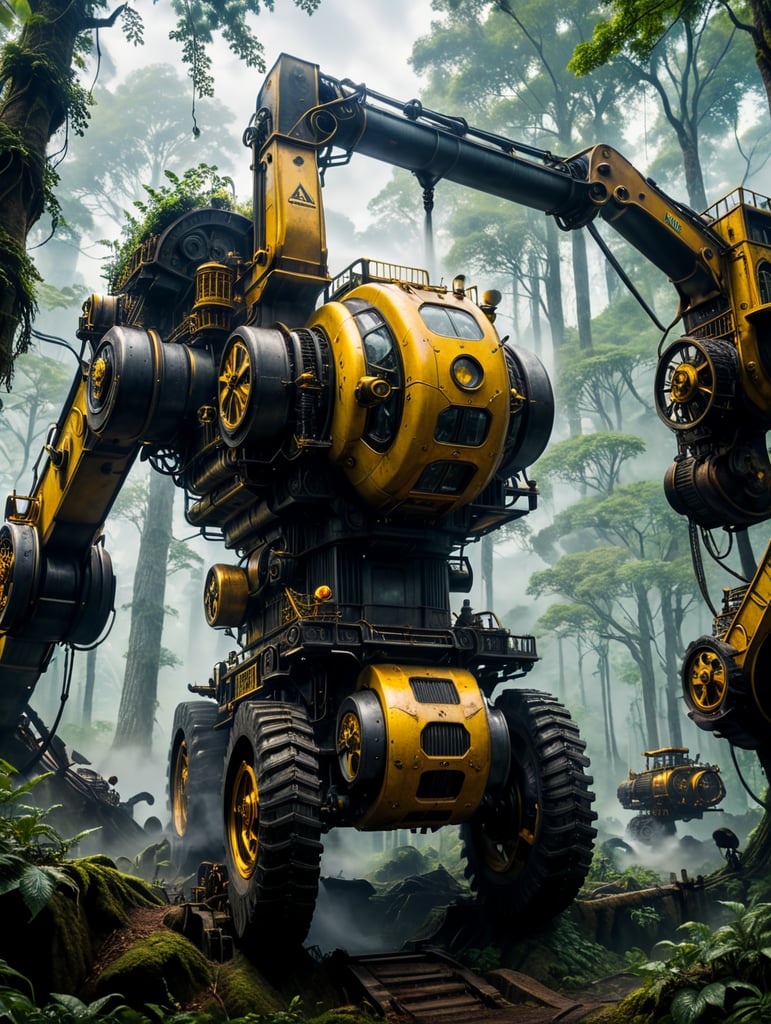 Imagine a whimsical fusion of the enchanting world of "A Midsummer's Day Dream" with steampunk's yellow hydraulic excavator. In this imaginative blend, the magical forests of Shakespeare's play are transformed into steam-filled jungles where fairies operate construction machinery. The play's romantic, dreamlike atmosphere combines perfectly with steampunk's industrial aesthetic, creating a visually captivating and enchanting setting where love, magic and machinery work in harmony.