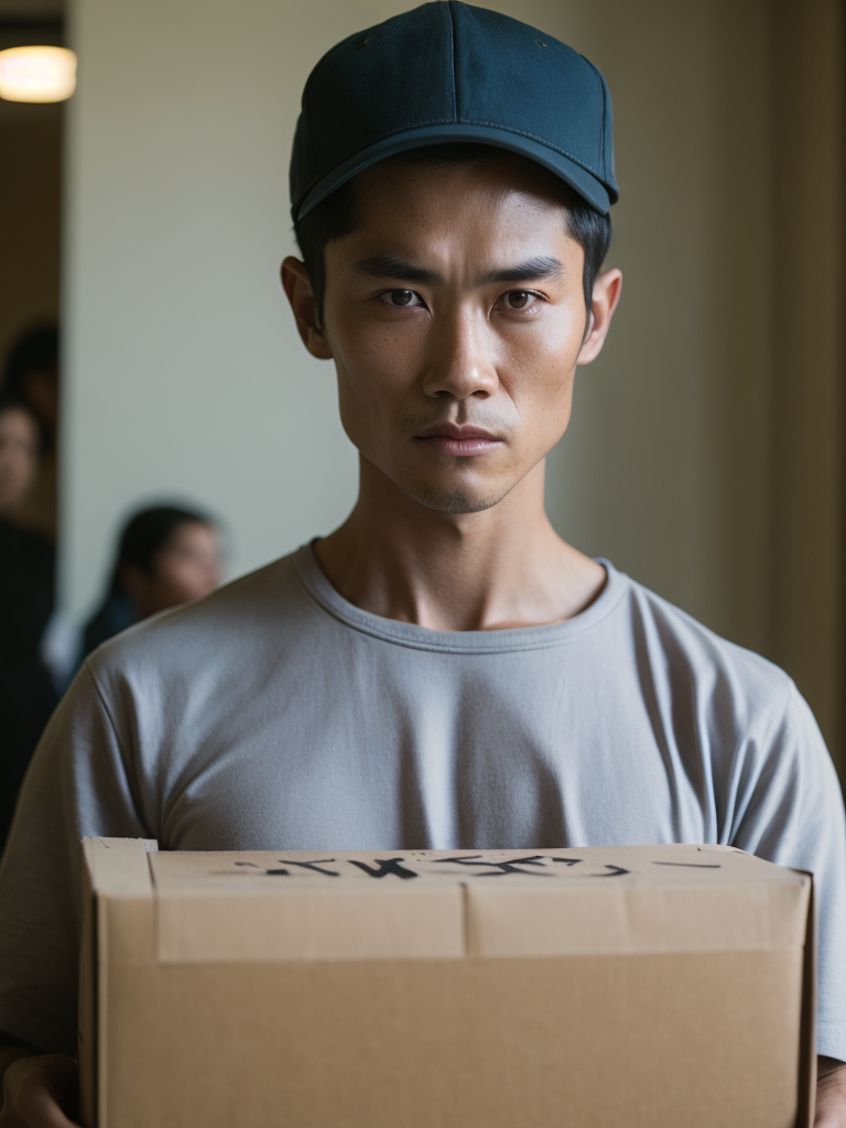 portrait of a delivery (((Chinese man))), wearing a white cap and white t-shirt, holding a box