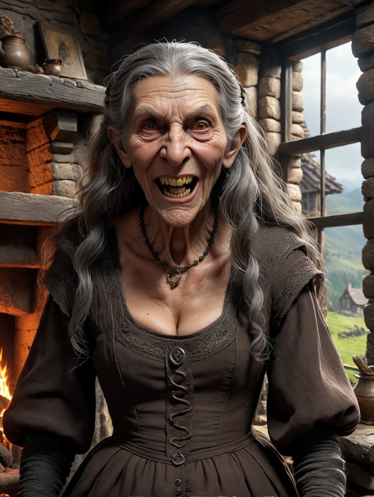 An old witch dressed in a plain dark brown dress buttoned up to her neck, very ugly with a big nose, bad teeth that stick out and warts, bent over, viewed from the front, by an old stone fireplace. Long grey hair. Inside a tumbledown cottage with a dark wood seen through the window.