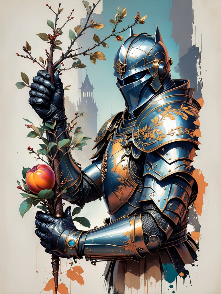 knight hand holding a mirabelle plum branch. The glove is finely decorated. engraving illustration style