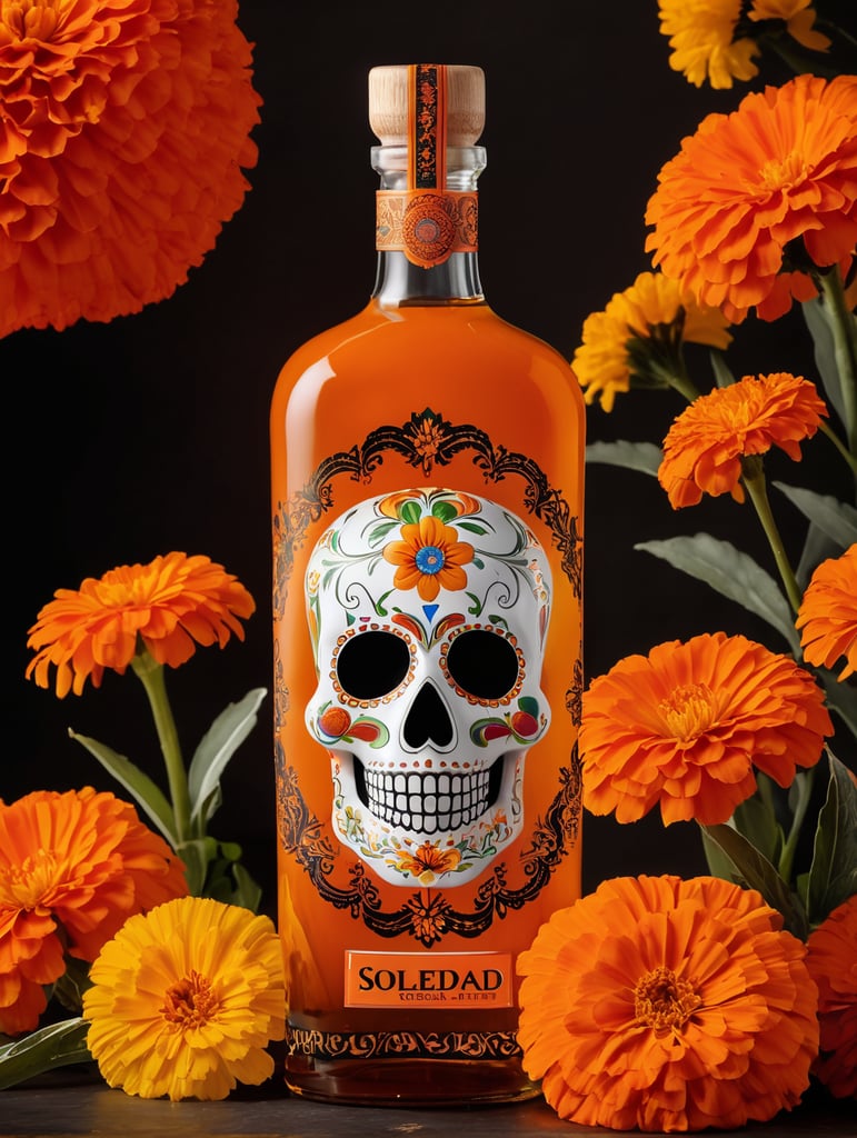 botella de tequila Soledad color naranja edición Día de muertos. Con colores y cempasúchil.