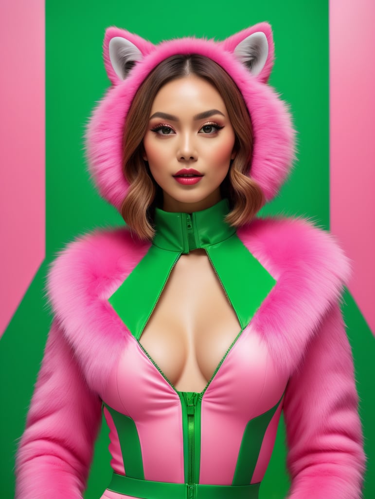 a babe in a pink fur suits poses in front of a green screen, in the style of bold, graphic lines, hyper-realistic pop, natalia rak, manticore, michael page, vibrant stage backdrops, kodak plus-x